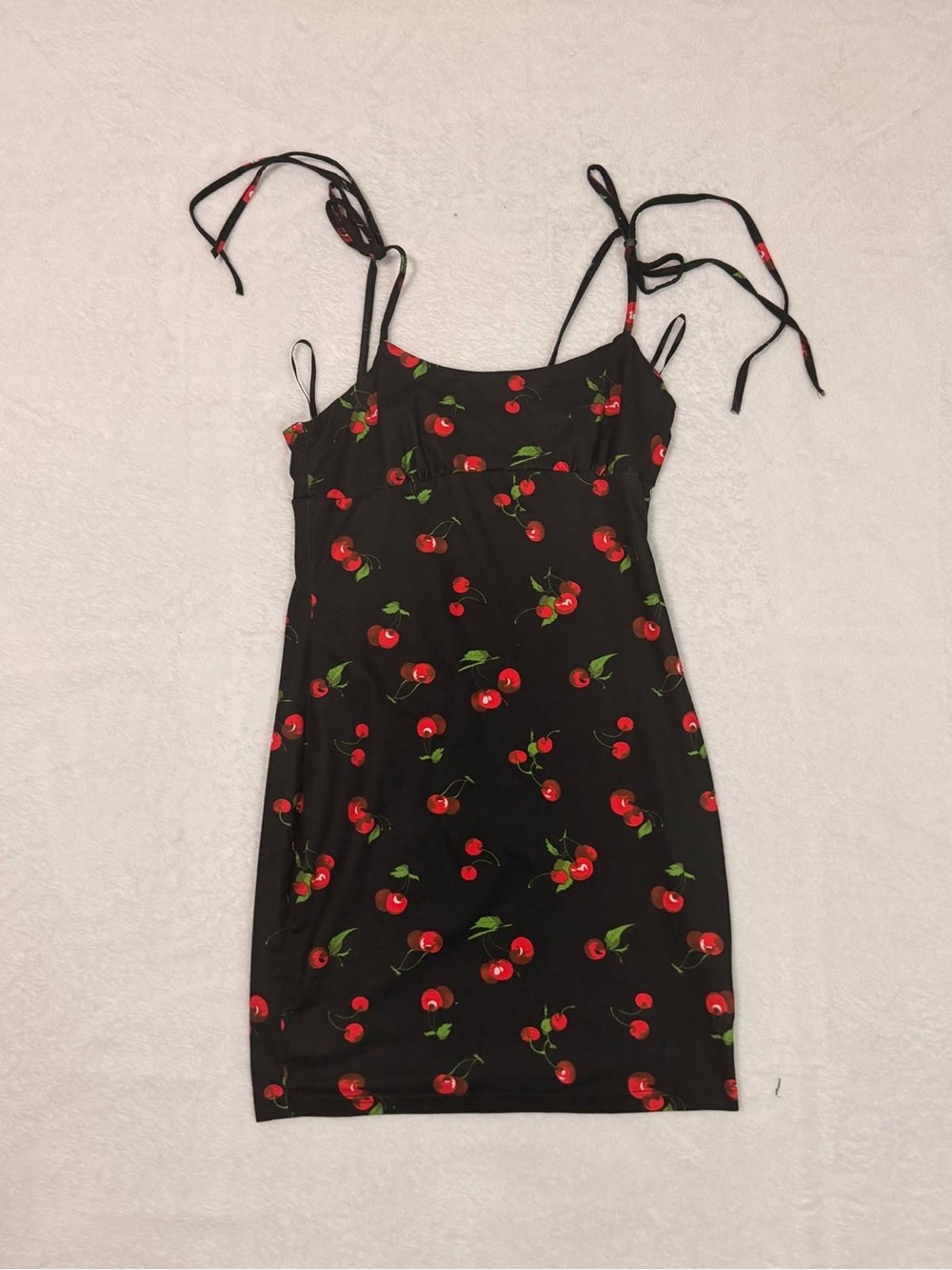 SHEIN Black Cherry Print Tie-Shoulder Mini Dress